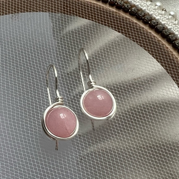 Rose Quartz Wire Wrapped Minimalist Earrings in Pink & Silver - Picture 5 of 14
